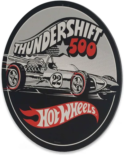 Vista 2 de Mattel Hot Wheels Thundershift 500 Letrero Redondo de Metal Vintage – Letrero de Hot Wheels para Dormitorio de Niños, Sala de Juegos o Caverna