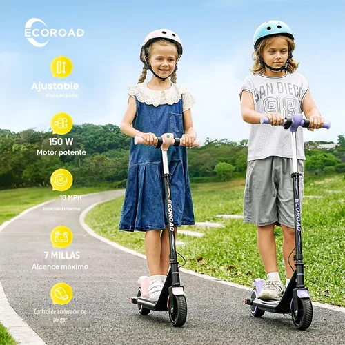 Vista 2 de ECOROAD EK6 - Patinete eléctrico para niños para velocidades de 6-12, 3/6/10 mph para máxima comodidad y altura ajustable, 150 W y doble freno