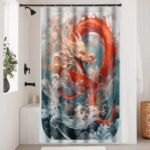 Vista 9 de YLOKPA0717 - Cortina de ducha de dragón japonés con ganchos, enorme ola de mar, cortina de baño de dragón rojo, 36 x 72 pulgadas, decoración de baño