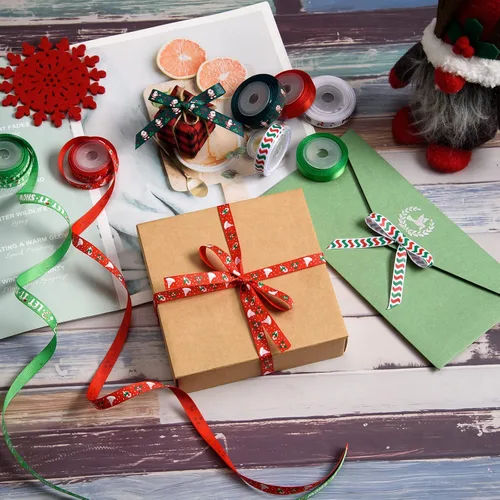 Vista 4 de SANNIX 12 rollos de cinta de Navidad de 60 yardas para envoltura de regalos, cinta de envoltura de Navidad de 3/8 pulgadas con estampado de copos