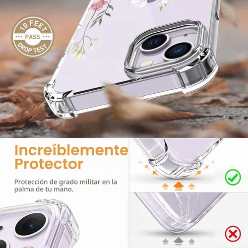 Vista 3 de Funda para iPhone 14, [3 en 1] con protector de pantalla y protector de lente de cámara, diseño de patrón de flores, transparente, suave, a prueba