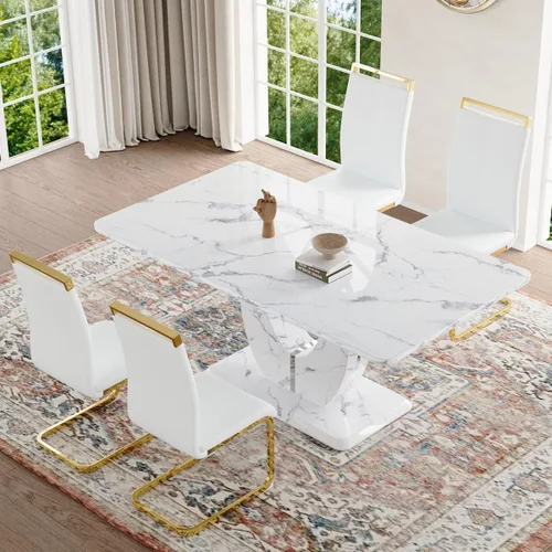 Vista 70 de JUFU Juego de mesa de comedor moderno para 4, juego de mesa de cocina rectangular de 63 pulgadas con mesa de mármol sintético y 4 sillas tapizadas