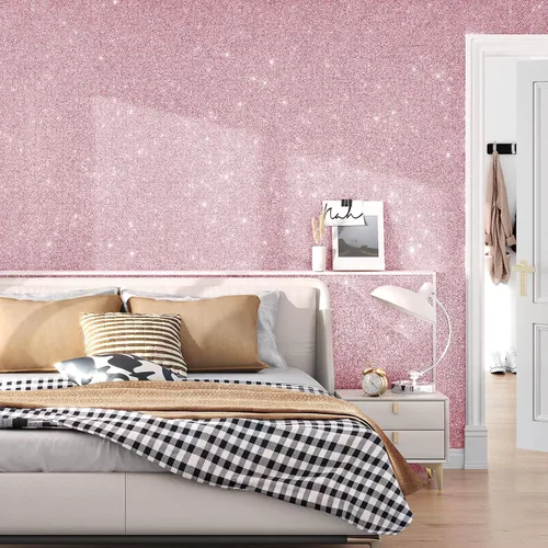 Vista 5 de Papel tapiz rosa con purpurina para despegar y pegar para dormitorio de niña, papel de contacto con purpurina brillante, papel de contacto moderno