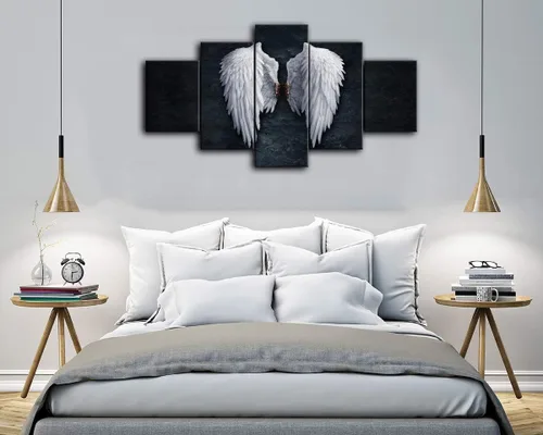 Vista 5 de Urttiiyy Lienzo decorativo de alas de ángel para pared, diseño de plumas de ángel en el suelo, pinturas en la pared, 5 paneles, carteles grandes