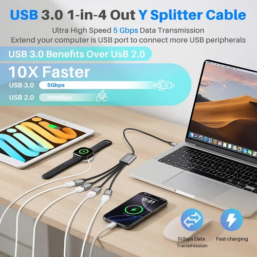 Vista 3 de Divisor USB 3.0 de 1 en 4 salidas Cable adaptador Y de 1 pie, cable de extensión USB-A 3.0 macho de 5 Gbps a cuatro 4 hembras, 4 USB tipo A
