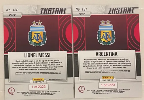 Vista 4 de Juego de campeones de la Copa Mundial Panini Instant 2022 Argentina – 12 cartas totales incluyendo Lionel Messi, Julian Alvarez RC, Angel Di Maria