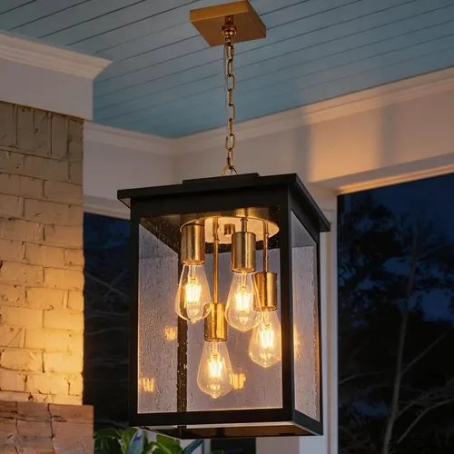 Vista 14 de TODOLUZ Lámpara colgante grande de 3 luces para exteriores, iluminación de porche colgante exterior con vidrio martillado, cadena larga ajustable