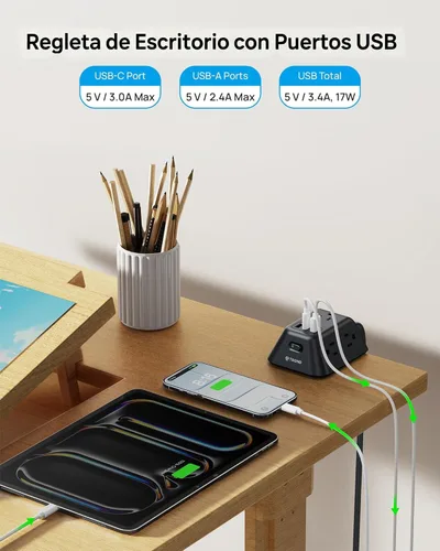Vista 4 de Abrazadera de escritorio para tira de alimentación, protector de sobretensiones con 5 tomas de CA y 3 puertos USB, estación de carga de montaje