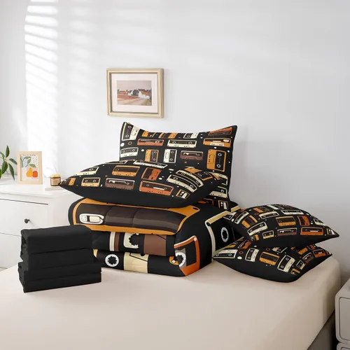 Vista 6 de Erosebridal Juego de ropa de cama de cassette vintage de los años 80 y 90, juego de edredón de 7 piezas para niños y adultos, retro, amarillo