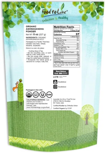 Vista 2 de Food to Live Polvo de raíz de ashwagandha orgánico, 8 onzas, sin OMG, ginseng indio finamente molido, puro, crudo, vegano. Fácil de mezclar. Hierba