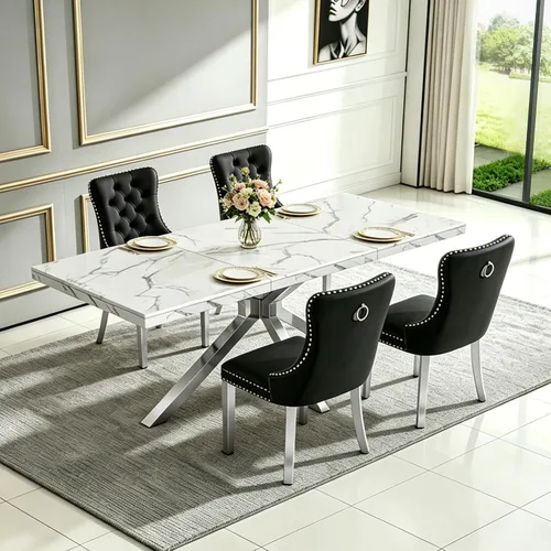 Vista 9 de Henf Mesa de comedor de mármol sintético blanco de 70 pulgadas para 4-6 personas, mesa de cocina rectangular moderna con mesa de mármol sintético