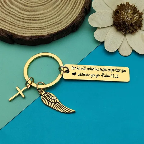 Vista 2 de Dabihu Llavero cristiano de regalo para mujeres y hombres, joyería religiosa, regalos de primera comunión, regalos de bautismo, llavero de versículo