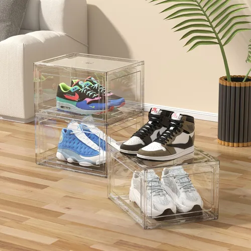 Vista 5 de 12 cajas apilables de plástico transparente para zapatillas de deporte Cajas de zapatos de acrílico, vitrina para tenis que se adapta hasta