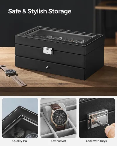 Vista 4 de SONGMICS Caja de reloj, Organizador de 12 relojes de hombre, Joyero con cerradura y llaves, Negro UJWB012