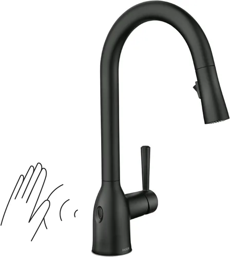 Vista 23 de Moen Adler Grifo de fregadero de cocina cromado de un solo mango con arco alto y fuerza de limpieza, llave de cocina moderna con rociador extraíble