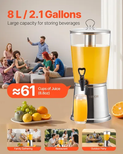 Vista 2 de VEVOR Dispensador de bebidas, dispensador de bebidas de 2.1 galones para fiestas, dispensador de jugo de acero inoxidable + plástico con cámara
