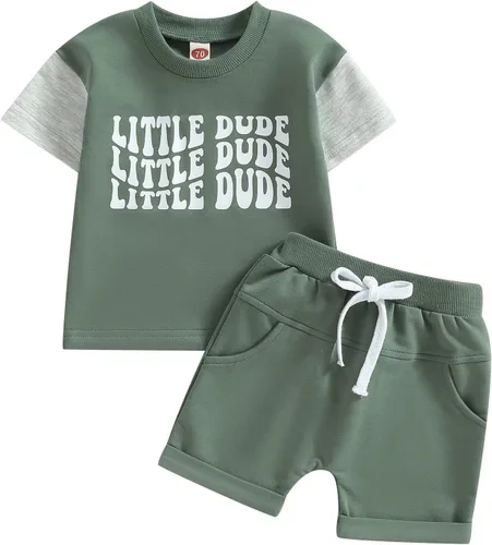 Vista 62 de Conjunto de traje de verano para bebé niño pequeño, manga corta, cuello redondo, letras impresas, lindo traje de verano, conjunto de 2 piezas