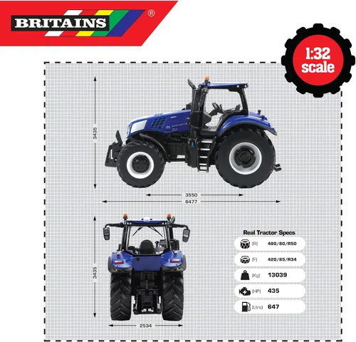 Vista 4 de Britains 1:32 New Holland T8.435 - Juego de tractores coleccionables para niños, tractor de juguete compatible con todos los juguetes de granja a