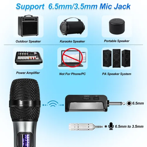Vista 6 de Sistema de karaoke inalámbrico con receptor Bluetooth recargable, micrófono inalámbrico dinámico de mano profesional, rango UHF de 200 pies, salida