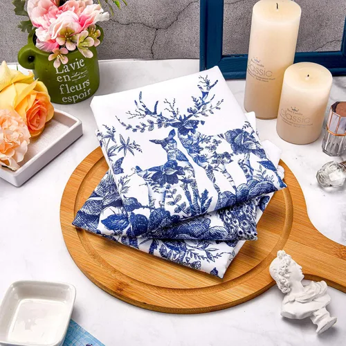 Vista 2 de Geiserailie 6 paños de cocina chinoiserie florales azules y blancos de 15 x 24 pulgadas, diseño de pájaro, flor de pavo real, alce, toalla de cocina