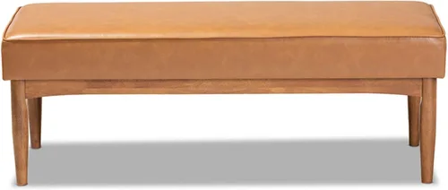 Vista 4 de Baxton Studio Arvid Mid-Century - Banco de comedor de madera tapizado de piel sintética y acabado marrón nogal