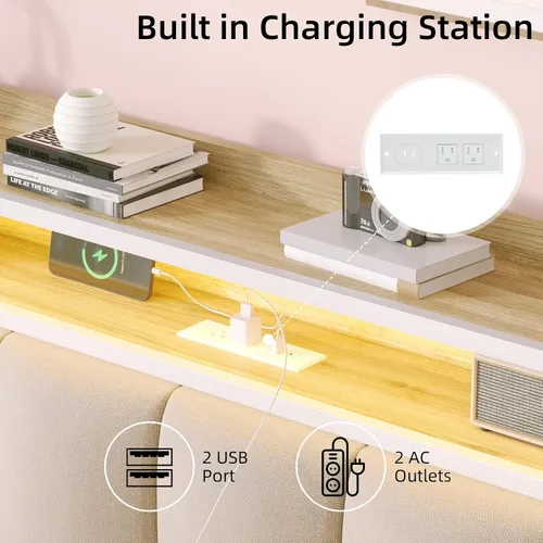 Vista 5 de IMMERSTABLE Base de cama individual con luces LED y estación de carga, cabecera de almacenamiento tapizada, plataforma de metal con listones