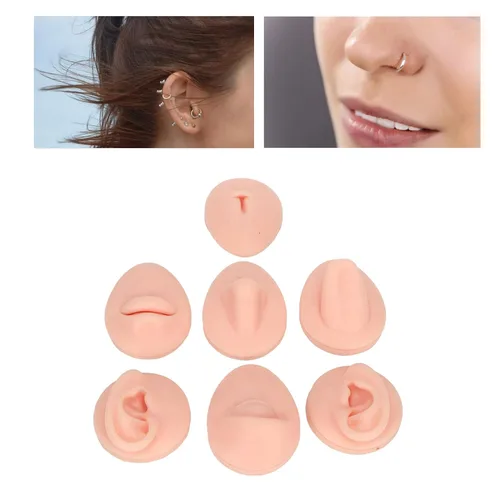 Vista 2 de Pieza de práctica de piercing corporal, modelo de 6 piezas de silicona suave, modelo de simulación de perforación de oreja, ojo, nariz, boca, lengua