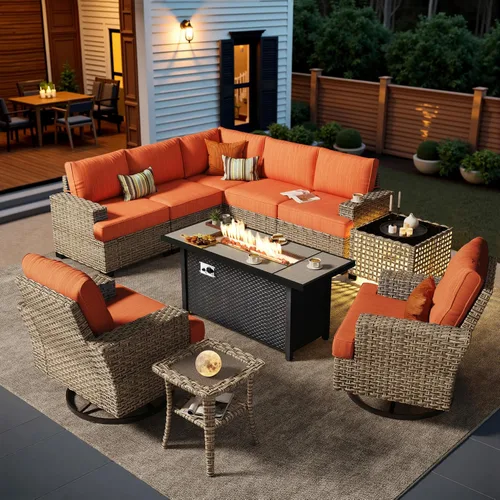 Vista 43 de HOOOWOOO Juego de muebles seccionales de patio con mesa de luz solar, 6 piezas de mimbre para exteriores, sofá en forma de L, juego de conversación