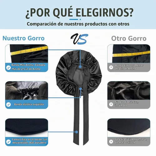 Vista 4 de Gorro de satén de seda para dormir el cabello: gorro de noche ajustable para mujer, tamaño gigante, banda ancha cómoda para trenzas de cabello largo