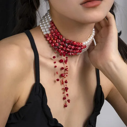 Vista 2 de Collar de perlas de sangre para mujer, collar de sangre para disfraz de vampiro, joyería de goteo, gargantilla de perlas, disfraz de fiesta