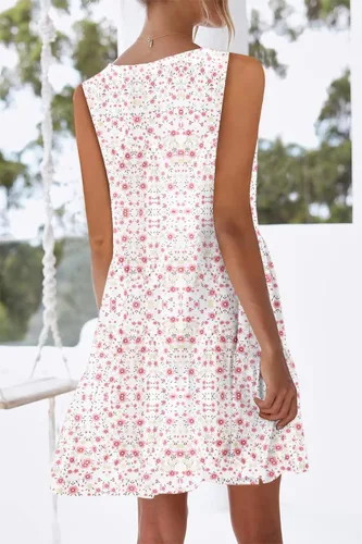 Vista 4 de nclook Vestido casual de verano para mujer, dulce y lindo, cómodo, cuello redondo, sin mangas, con bolsillo