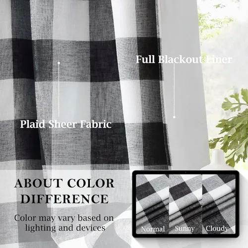 Vista 2 de Cortinas cortas de lino texturizado con diseño de búfalo blanco y negro a cuadros, 100% opacas con forro, paneles de estilo granja