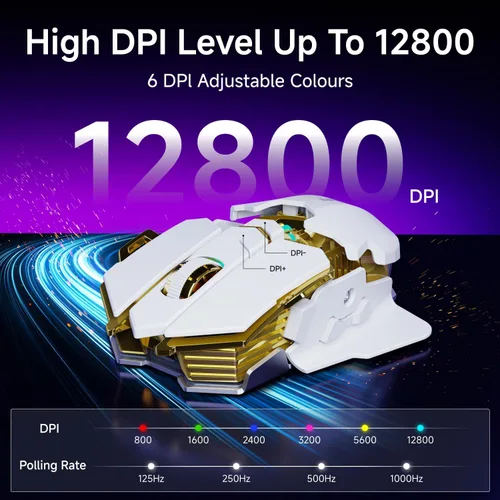 Vista 4 de EWEADN G5 - Mouse inalámbrico para juegos, 12800 DPI RGB ajustable con 6 modos retroiluminados, llave de fuego rápido, 9 botones macro programables