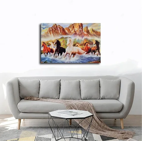Vista 4 de Pintura al óleo de siete caballos caminando por el río, arte de pared, impresiones de animales sobre lienzo, póster de lienzo para decoración