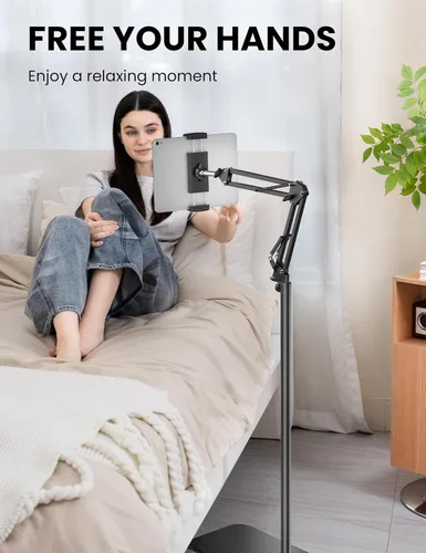 Vista 2 de Soporte de piso para tableta, soporte de metal giratorio de 360 grados, soporte para iPad de altura y ángulo ajustables, soporte universal