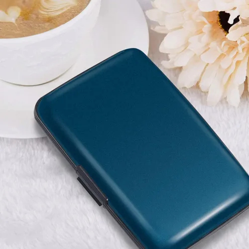 Vista 8 de Portatarjetas de crédito con bloqueo RFID, mini tarjetero delgado de aluminio duro para hombres o mujeres, Azul marino