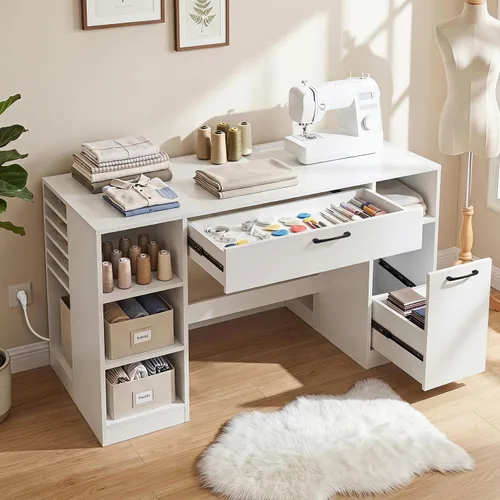 Vista 8 de COSTWAY Sewing Machine Table with Power Outlets, Massive Storage (White)