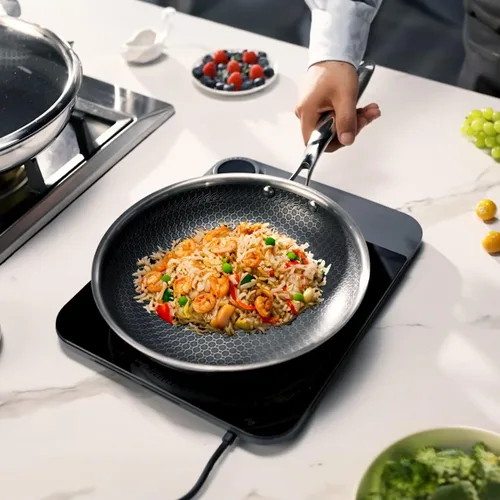 Vista 2 de Juego de sartenes antiadherentes, 6 piezas de acero inoxidable 18/10 de 5 capas Hybrid Non stick 8 10 12-inch Frying Pans with Lid, Induction