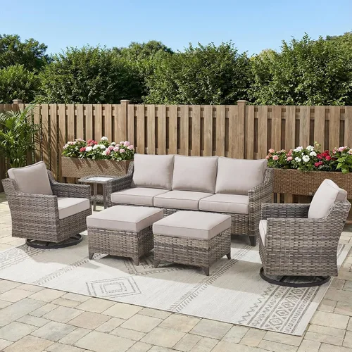 Vista 42 de Belord Sofá de patio exterior acolchado de 3 asientos de lujo de 6 pulgadas Cojín de mimbre marrón/beige de 6 pulgadas