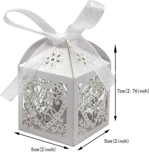 Vista 2 de Paquete de 50 cajas de dulces de boda con corazones cortados con láser, cajas de regalo pequeñas para bodas, despedidas de soltera, aniversarios, 01