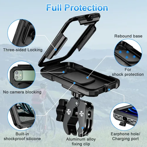 Vista 2 de Soporte de teléfono para bicicleta, impermeable, soporte para teléfono de motocicleta, manillar, rotación de 360°, soporte para teléfono celular