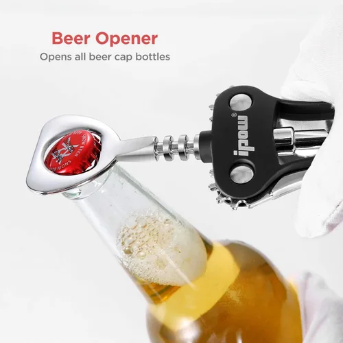 Vista 3 de IPOW Abridor de vino, abridor de botellas de vino de aleación de zinc, sacacorchos de ala resistente, sacacorchos multifuncional manual para Negro