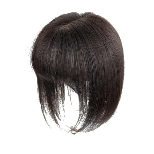 Vista 4 de Parte media parte de seda parte base cabello humano Topper 2.8x3.9 in frente recto clip en postizo con flecos Wispy 7.9 in negro apagado