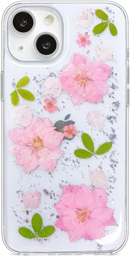 Vista 18 de Abbery Funda diseñada para iPhone 13 Pro con diseño de flores prensadas con purpurina y diseño de goma de silicona suave, diseño de flores reales