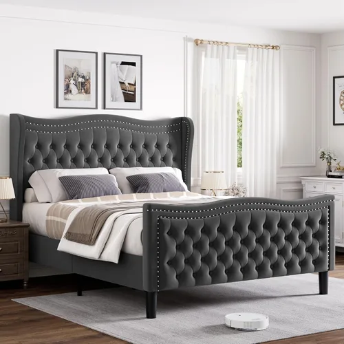 Vista 4 de Estructura de cama Full con cabecera y pie de cama altos, estructura de cama plataforma tapizada en terciopelo con respaldo tipo alas acolchado