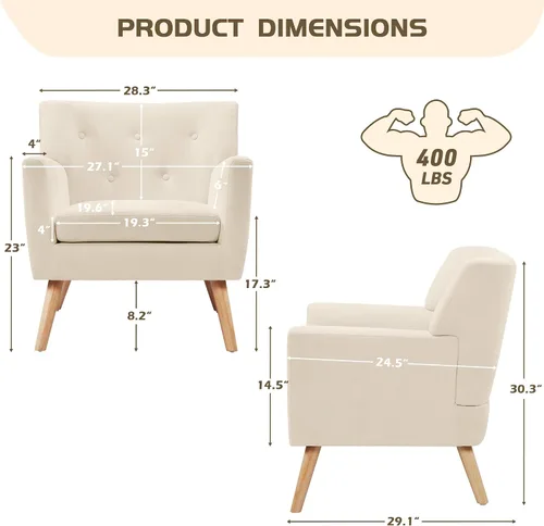 Vista 3 de Prilinex Juego de 2 sillas decorativas, modernas de mediados de siglo, tapizados con botones y cojín, cómodas sillas de lectura de tela para Beige