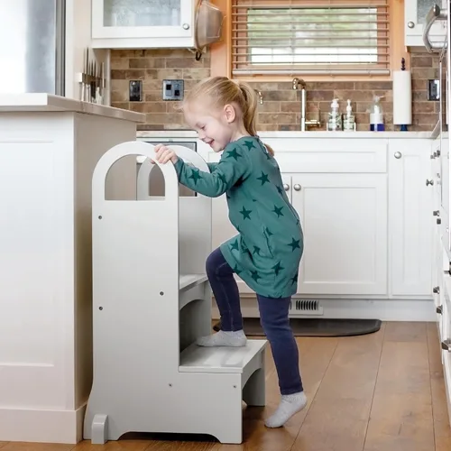 Vista 4 de Guidecraft Taburete de cocina y baño de madera de altura alta - gris: taburete de madera para niños y adultos - Muebles de calidad