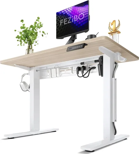 Vista 16 de FEZIBO Escritorio eléctrico de pie con barra transversal en forma de L y sistema de gestión de cables, escritorio de pie de 48 x 24 pulgadas