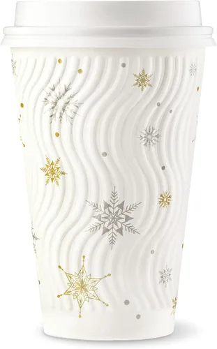 Vista 10 de Harvest Pack - Juego de 100 tazas de café desechables de Navidad de 12 onzas con tapas, tazas de papel caliente aisladas con copos de nieve blancos
