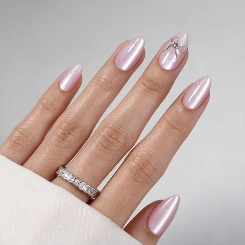 Vista 16 de Uñas cortas a presión de almendra, uñas con purpurina rosa degradado 3H-rosa con purpurina